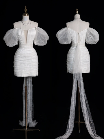 Cute Sheath Puff Sleeve White Tulle Short Prom Dress Graduation Prom Dress HZ1023